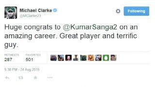 Michael Clarke congratulates Kumar Sangakkara on fine cricket career